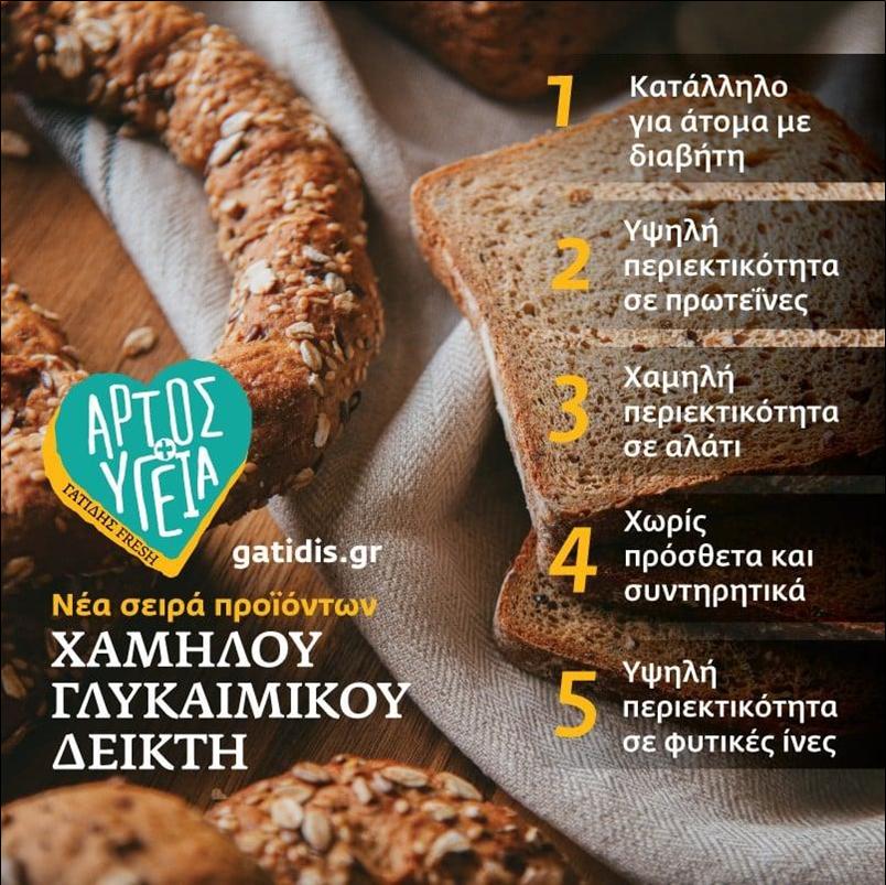 ΝΕΑ ΣΕΙΡΑ ΑΡΤΟΣ+ΥΓΕΙΑ –ΠΡΟΪΟΝΤΑ ΧΑΜΗΛΟΥ ΓΛΥΚΑΙΜΙΚΟΥ ΔΕΙΚΤΗ–by ΓΑΤΙΔΗΣ FRESH